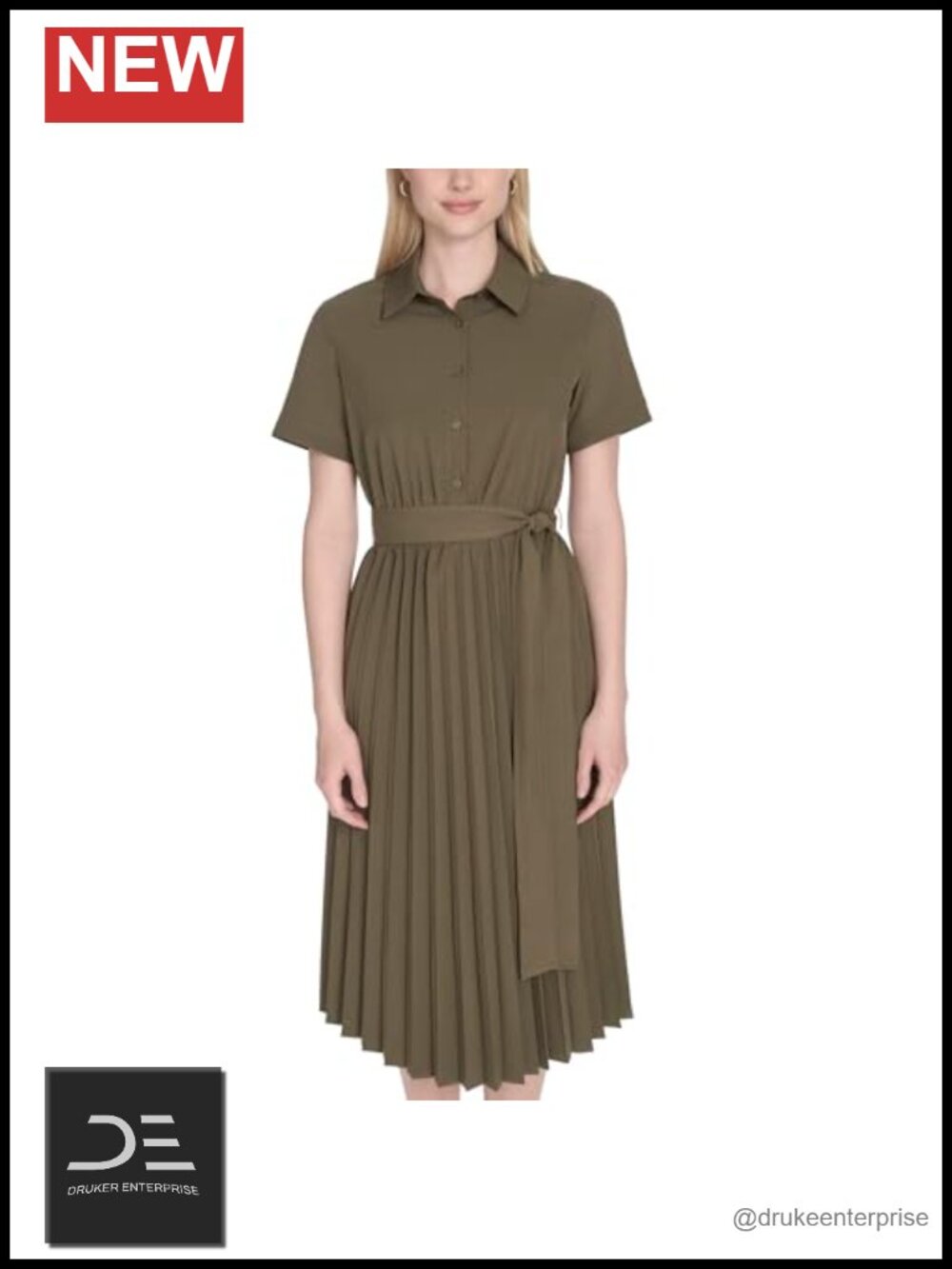 Collared Tie Waist Accordion Midi Shirtdress Short Sleeve Commuter